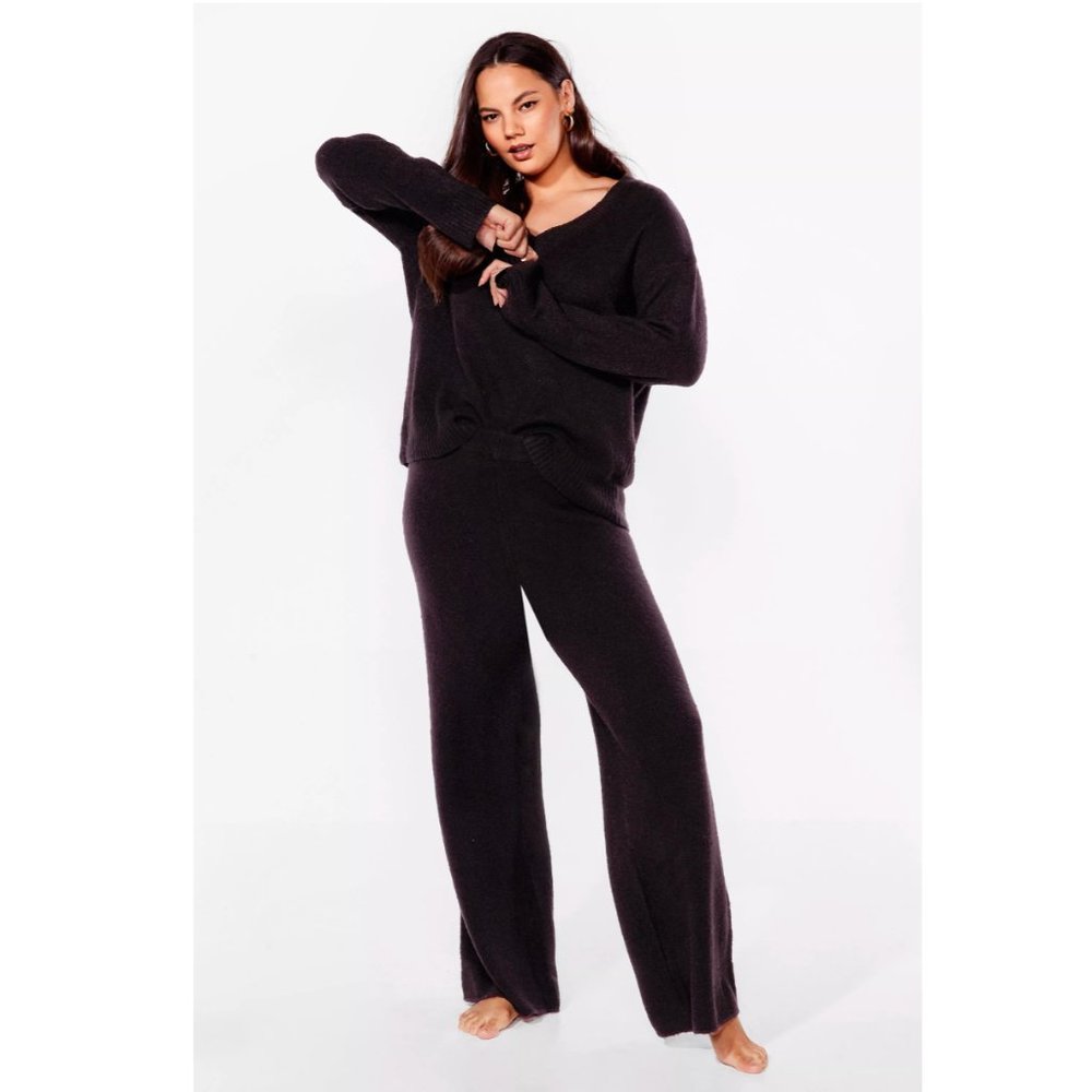 Black knit high waisted wide leg pants